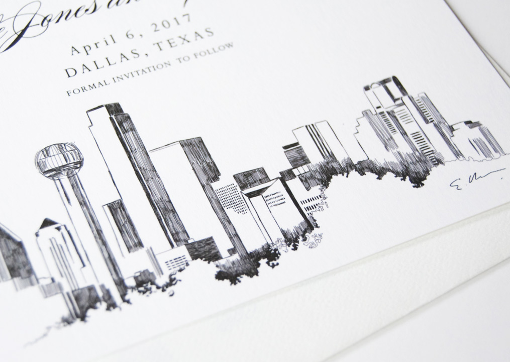 1015x720 dallas skyline save the date cards - Dallas Skyline Drawing