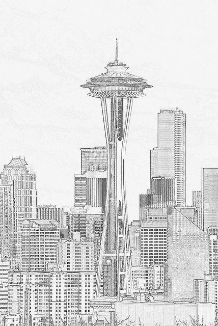 428x640 Space Needle And Seattle Skyline, Pencil Sketch Filter - Dallas Skyline Pencil Drawing