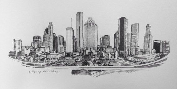 570x288 City Of Houston Skyline Pencil Drawing - Dallas Skyline Pencil Drawing