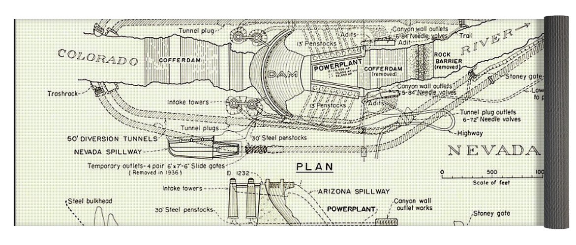 1171x500 hoover dam plan and section yoga mat for sale - Dam Drawing