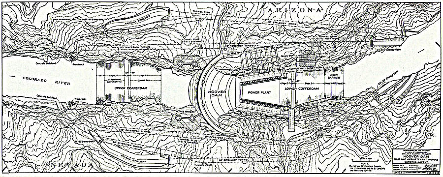 900x360 vintage map of the hoover dam - Dam Drawing