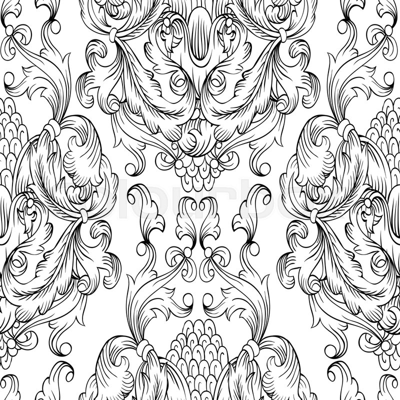 800x800 Black Damask Seamless Pattern Hand Drawn Ornamental Element - Damask Drawing