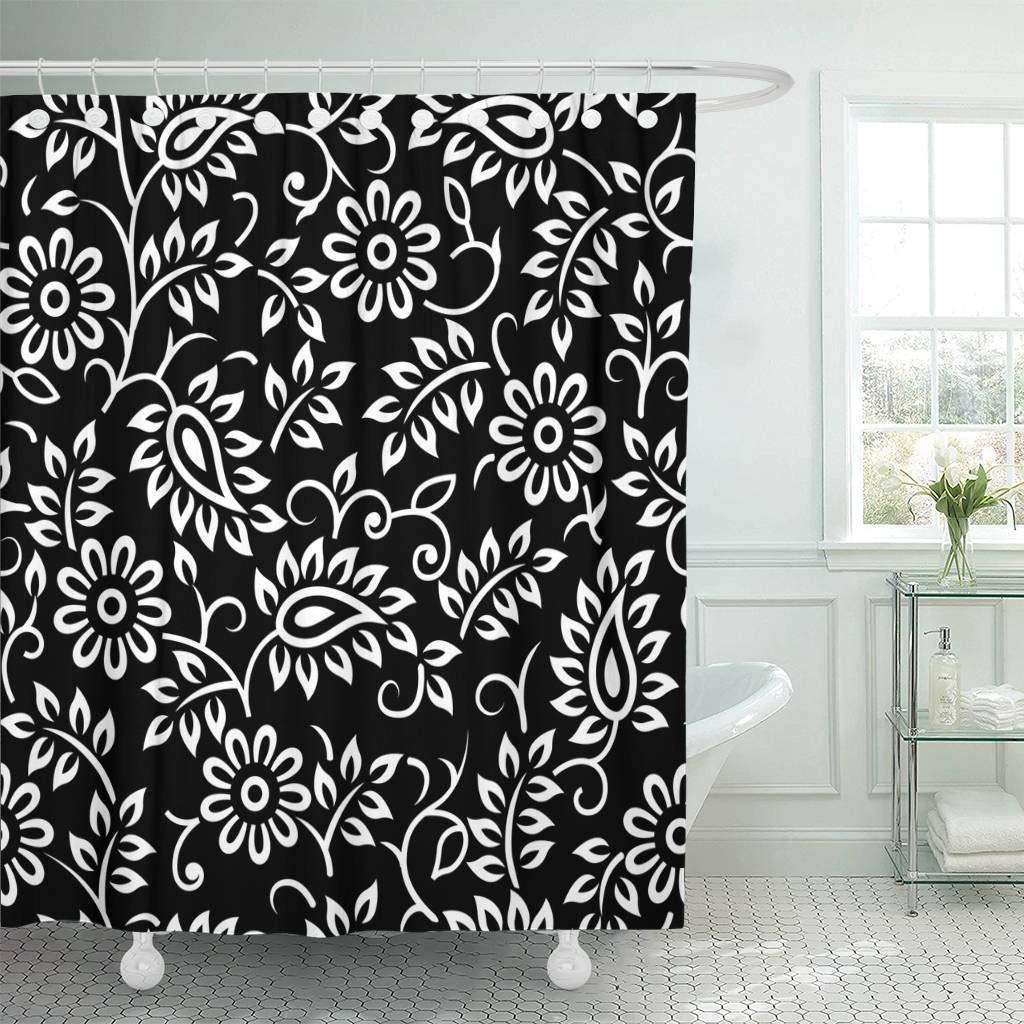 1024x1024 Fabric Shower Curtain With Hooks Monochrome Floral Black And White - Damask Drawing