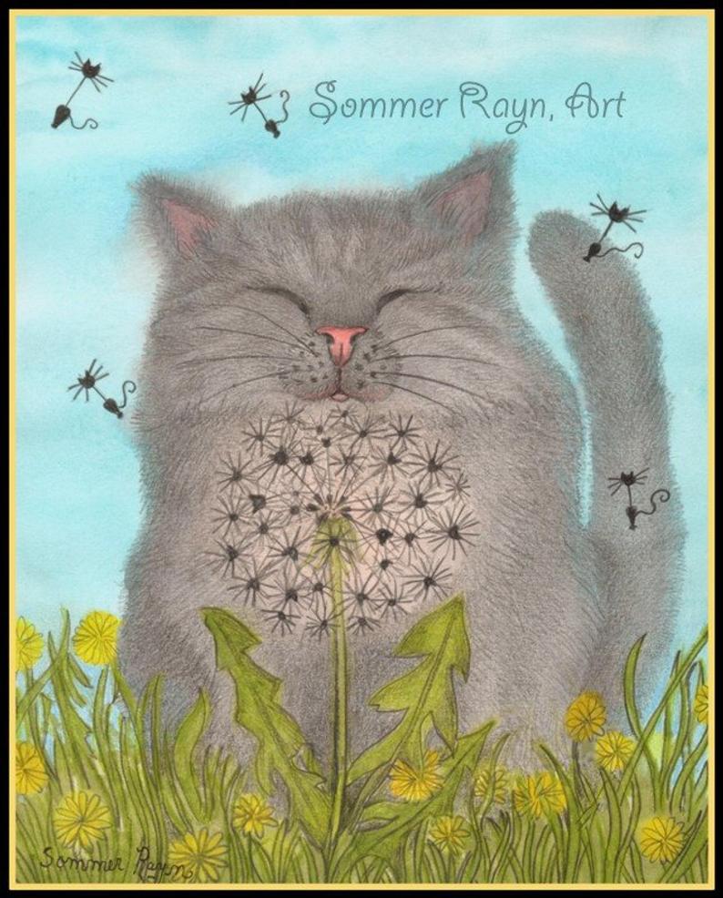 794x986 Happy Fluffy Dandelion Puff Spriing Cat Drawing With Etsy - Dandelion Puff Drawing