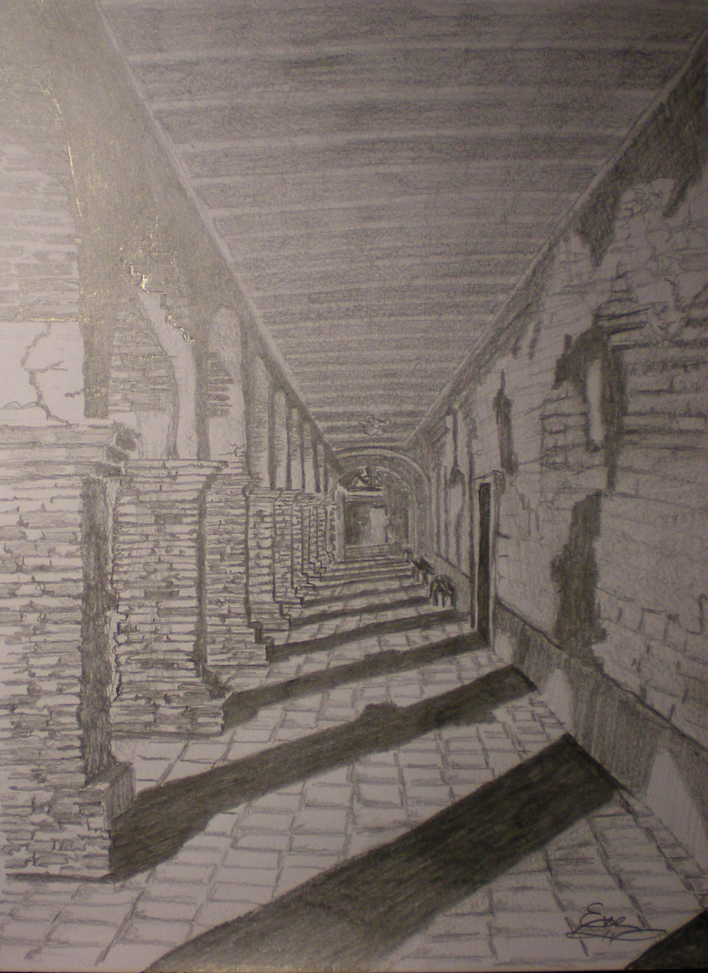 1024x1407 eve co artwork san juan capistrano mission dark hallway - Dark Pencil Drawings