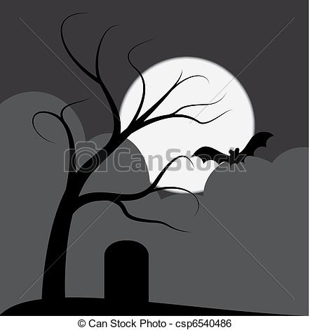 442x470 Illustration Of Dark Tree With Grave And Bat - Dark Tree Drawing