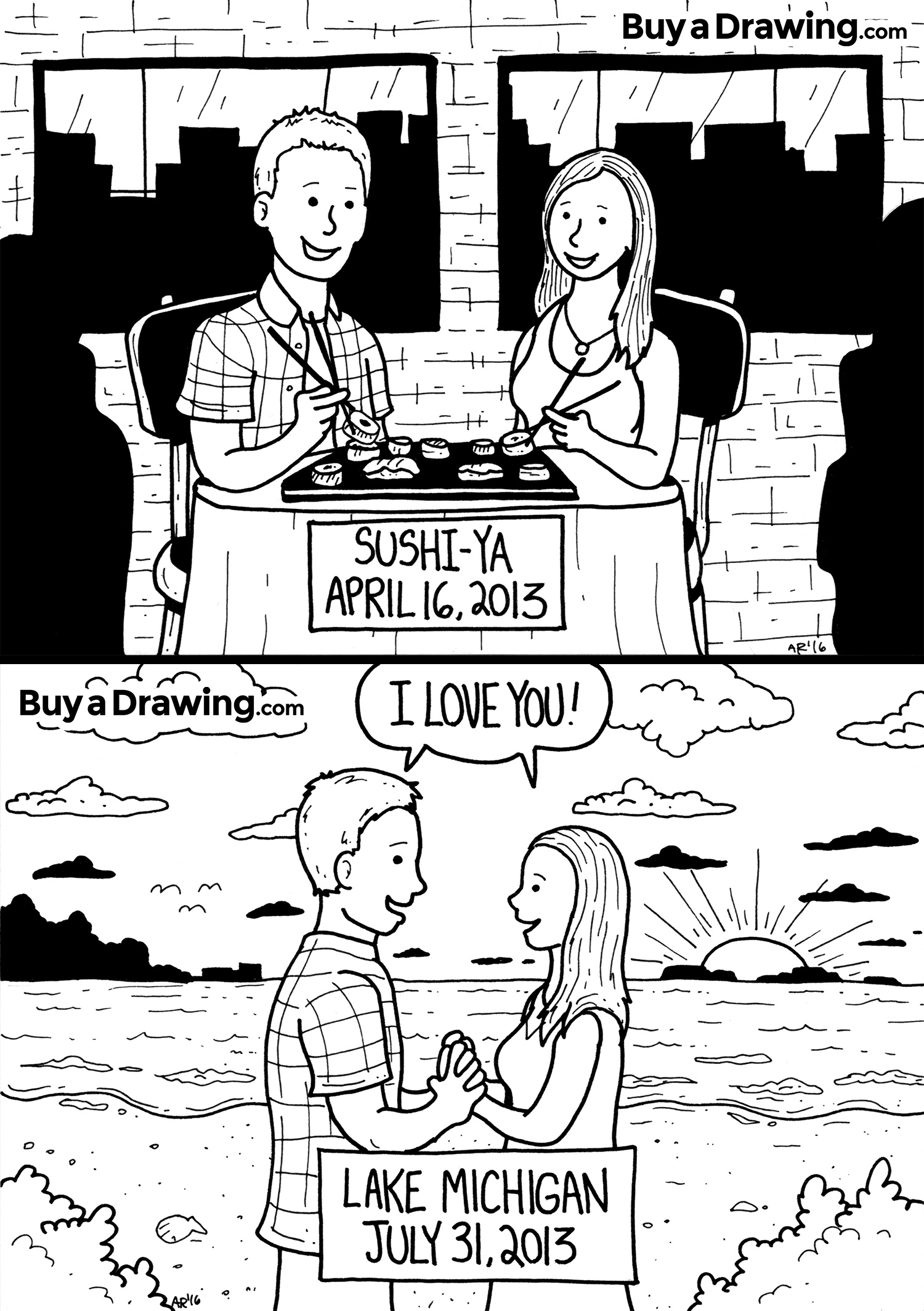 1500x2128 cartoon drawing commemorating a first date and an i love you - Date Drawing