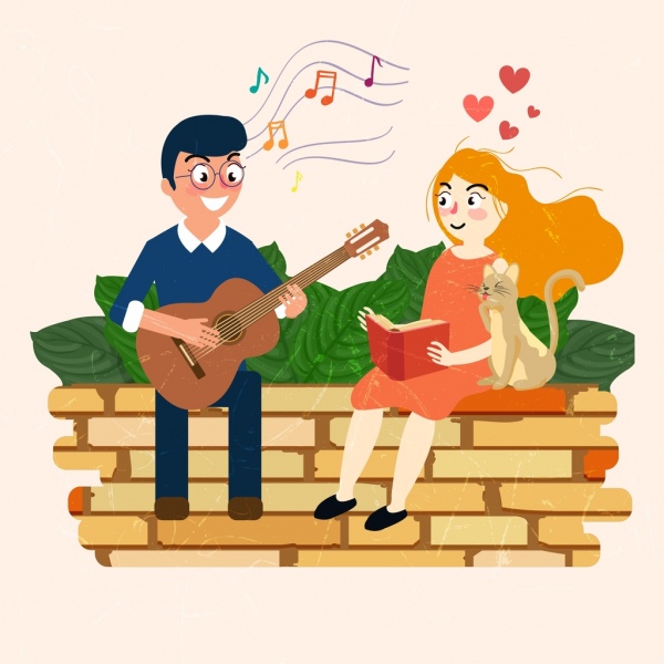 600x600 romantic drawing couple dating guitar music colored cartoon free - Dating Drawing