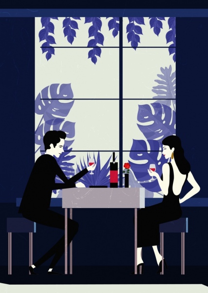 427x600 couple dating drawing restaurant interior colored cartoon design - Dating Drawing