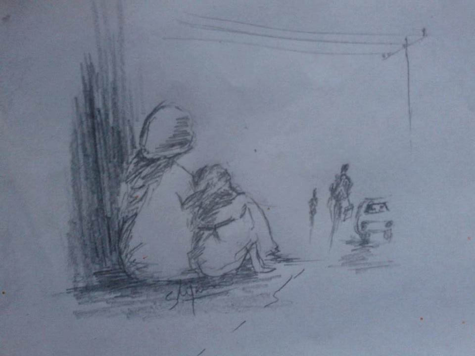 960x720 shiju m drawings mother and daughter living on street pencil drawing - Daughter Drawing