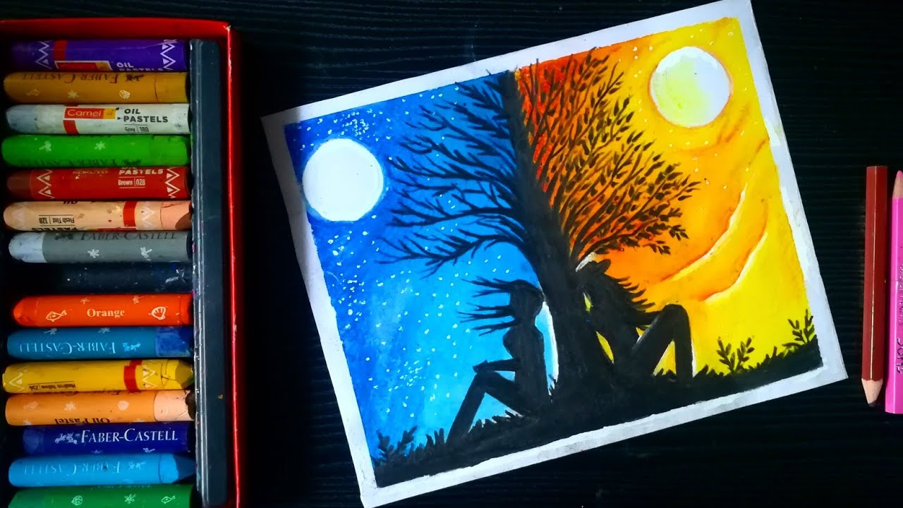 1280x720 Day And Night Scenery Oil Pastel Drawing Moonlight Sunset Oil - Day And Night Drawing