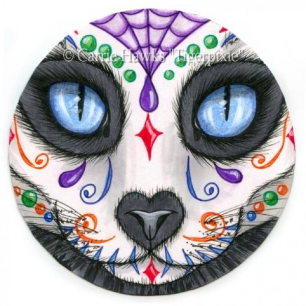 600x600 Day Of The Dead Cat Face Black Cat, De Los Muertos Gato - Day Of The Dead Drawings