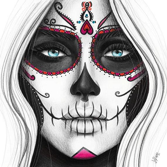 570x570 Day Of The Dead Art Print From Original Pencil Illustration Etsy - Day Of The Dead Drawings