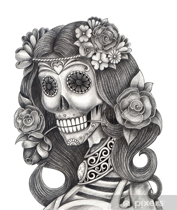 591x700 Skull Art Day Of The Dead Art Design Women Skull Head Action - Day Of The Dead Drawings