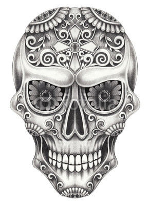 290x400 Art Sugar Skull Day Of The Dead Hand Pencil Drawing On Paper - Day Of The Dead Drawings