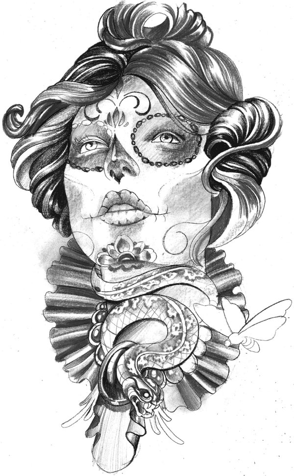 600x971 Geisha Drawing Day The Dead For Free Download - Day Of The Dead Girl Drawing