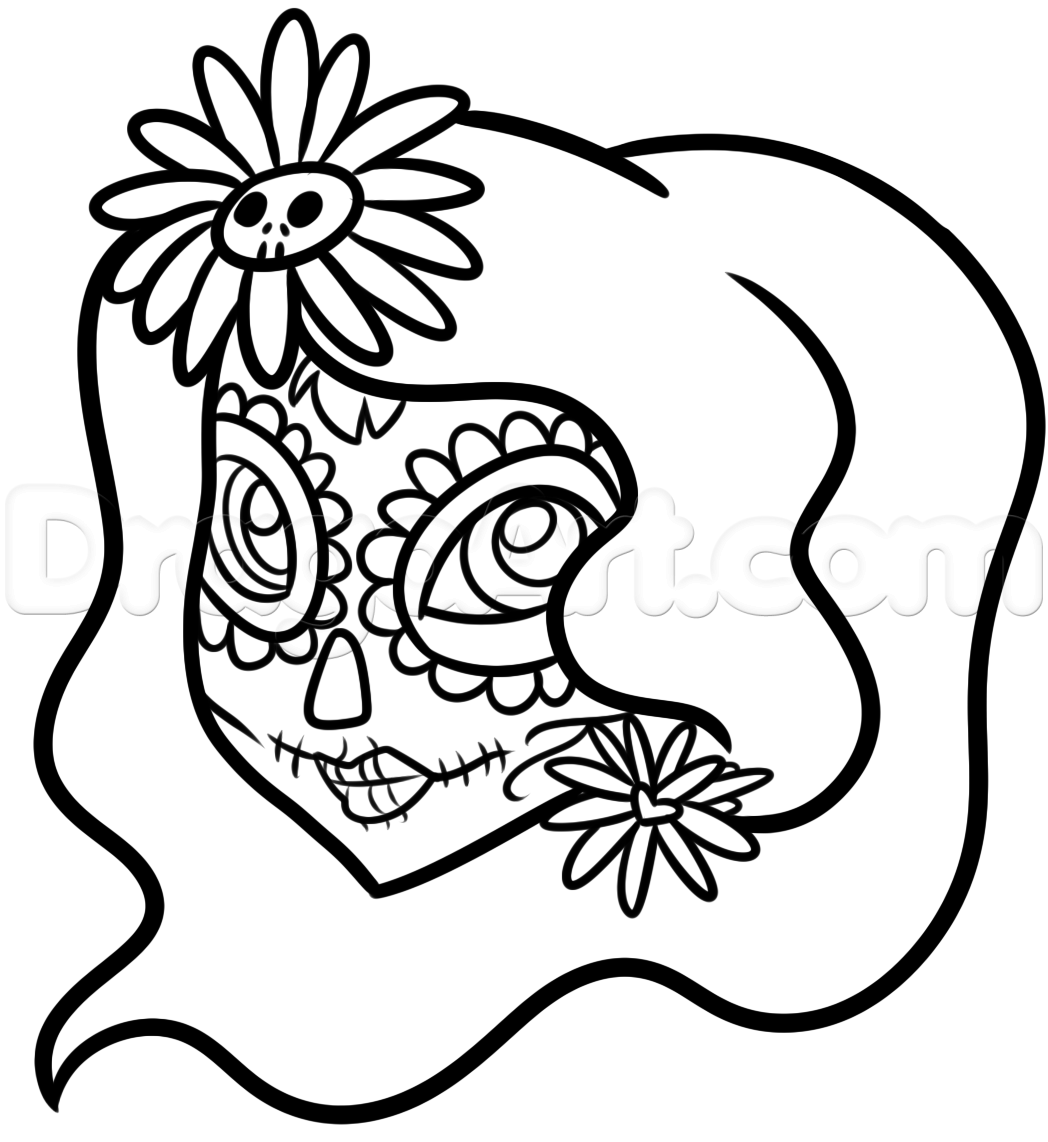 1048x1142 Easy Day Of The Dead Girl Drawing Tutorial, Step - Day Of The Dead Girl Drawing
