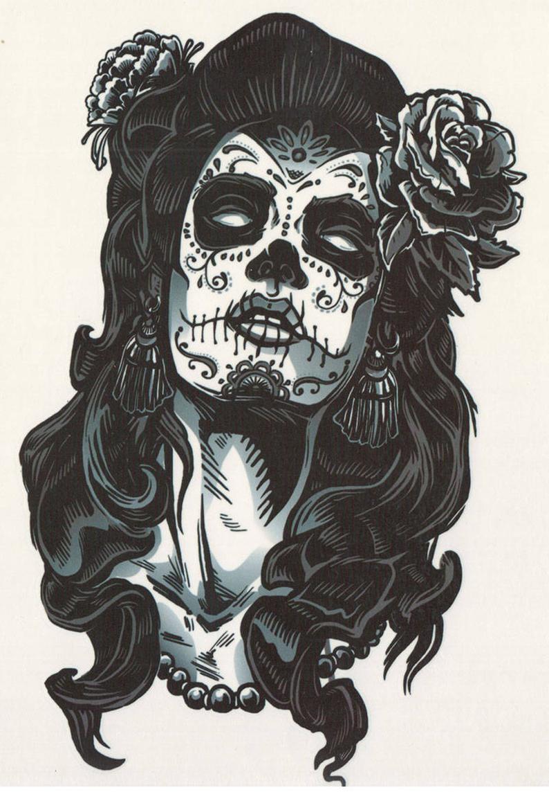 794x1144 Big Gray Tones Day Of The Dead Girl Temporary Tattoo Etsy - Day Of The Dead Girl Drawing