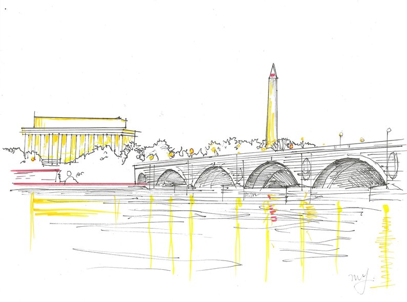 794x589 original sketch of washington dc potomac river lincoln etsy - Dc Skyline Drawing
