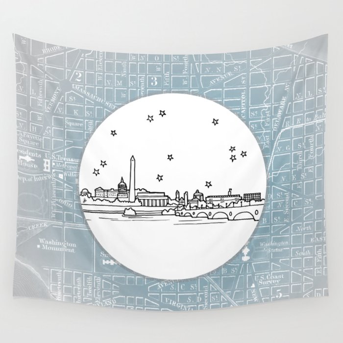 700x700 Washington D C City Skyline Illustration Drawing Wall Tapestry - Dc Skyline Drawing