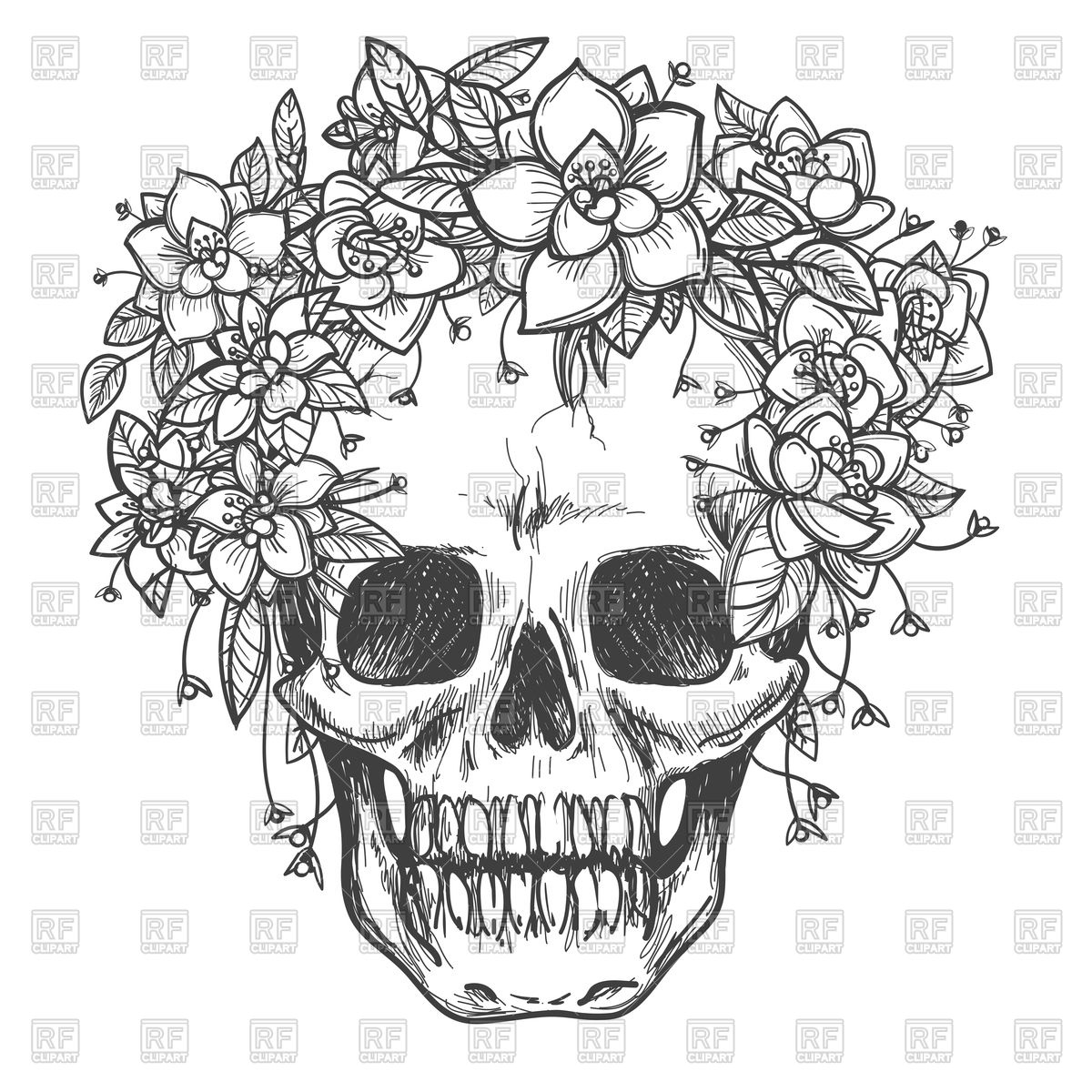 1200x1200 Hand Drawing Dead Skull With Rose Flowers Vector Image Of People - Dead Flower Drawing