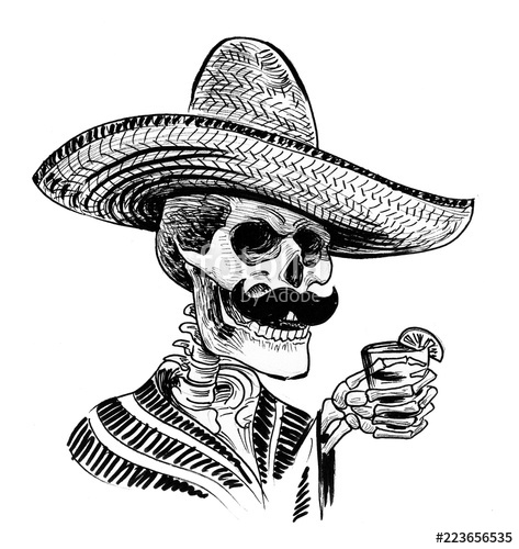 473x500 dead man in sombrero hat with a tequila shot in hand ink black - Dead Mans Drawing