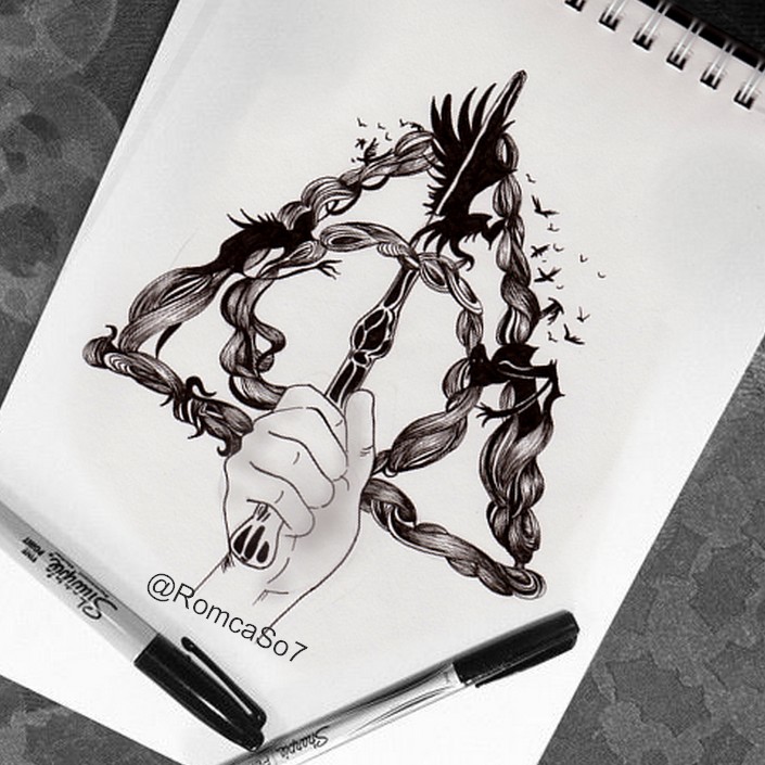 705x705 the deathly hallows ink drawing - Deathly Hallows Drawing