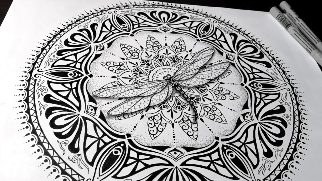 1280x720 speed drawing dragonfly mandala with a little art nouveau - Deco Drawing