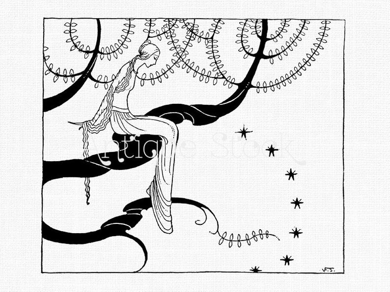 794x596 art deco drawing girl sitting in a tree vintage etsy - Deco Drawing