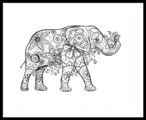 600x496 Decorated Elephant In Black And White Framed Print - Decorated Elephant Drawing