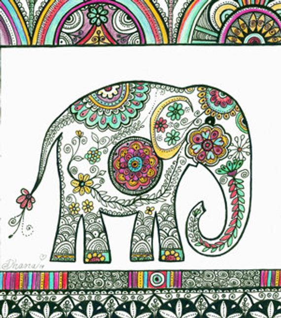 570x644 Elephant Painting Drawing Animal Nature Art Art For Walls Etsy - Decorated Elephant Drawing