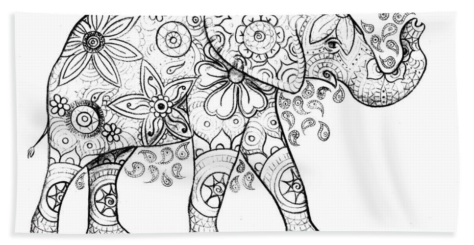 967x500 Decorated Elephant In Black And White Beach Sheet For Sale - Decorated Elephant Drawing