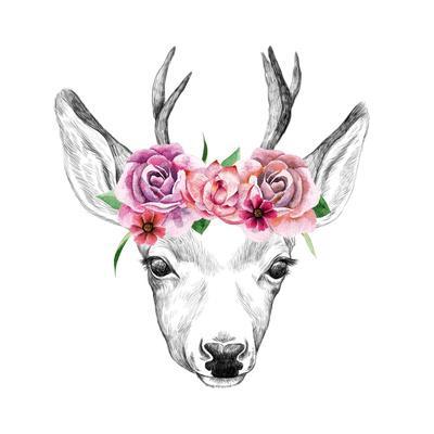 400x400 Deer Pencil Drawing With Watercolor Flowers Art Print - Deer Drawing