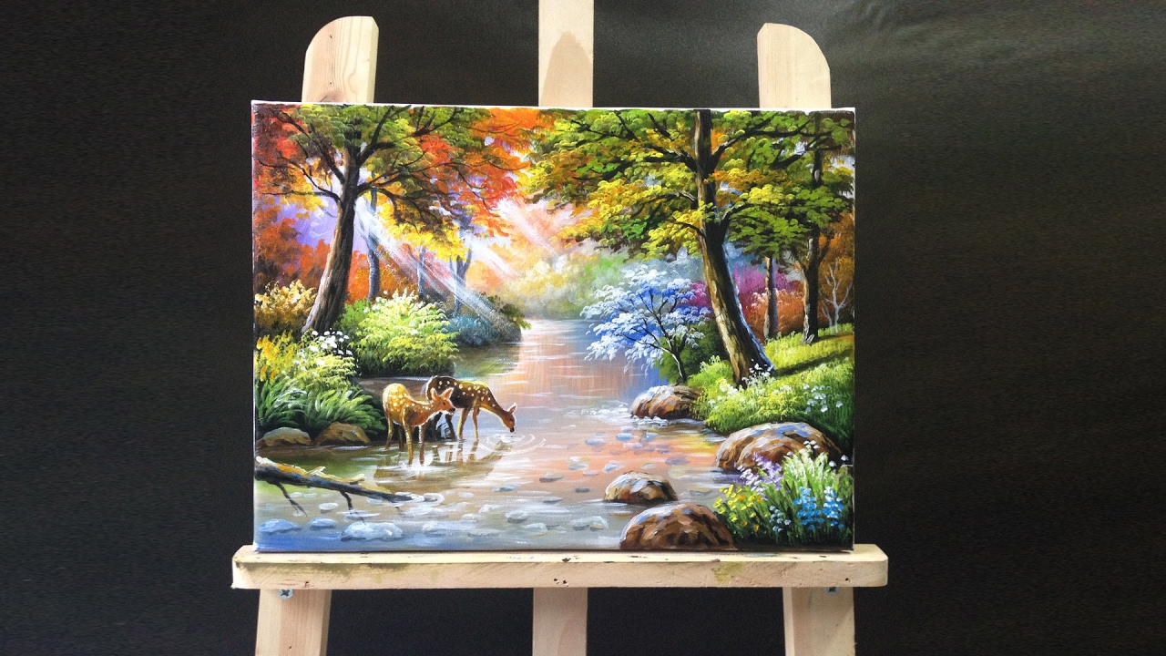 1280x720 deer drinking stream water acrylics painting - Deer Drinking Water Drawing