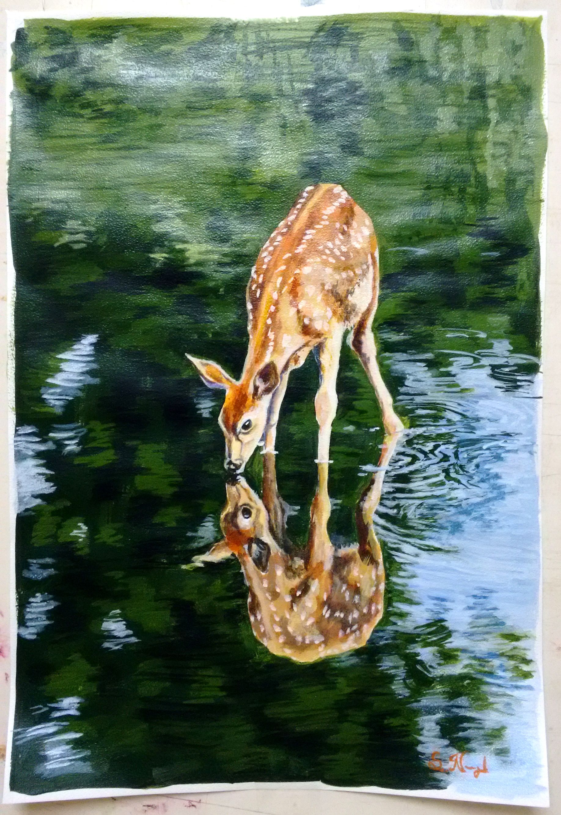 1836x2664 deer drinks water in deep forest stream acrylic painting - Deer Drinking Water Drawing