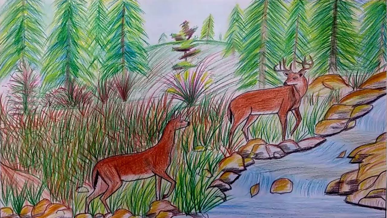1280x720 How To Draw Scenery Of Waterfall And Deer With Oil Pastels - Deer Drinking Water Drawing