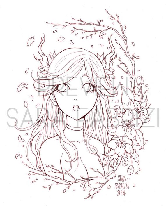 570x705 Deer Girl Lineart For Coloring Etsy - Deer Girl Drawing