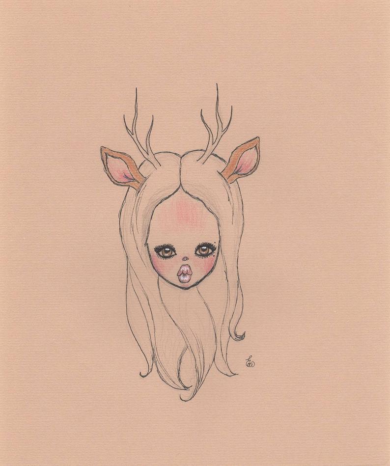 794x949 Deer Girl Drawing Art Print Etsy - Deer Girl Drawing