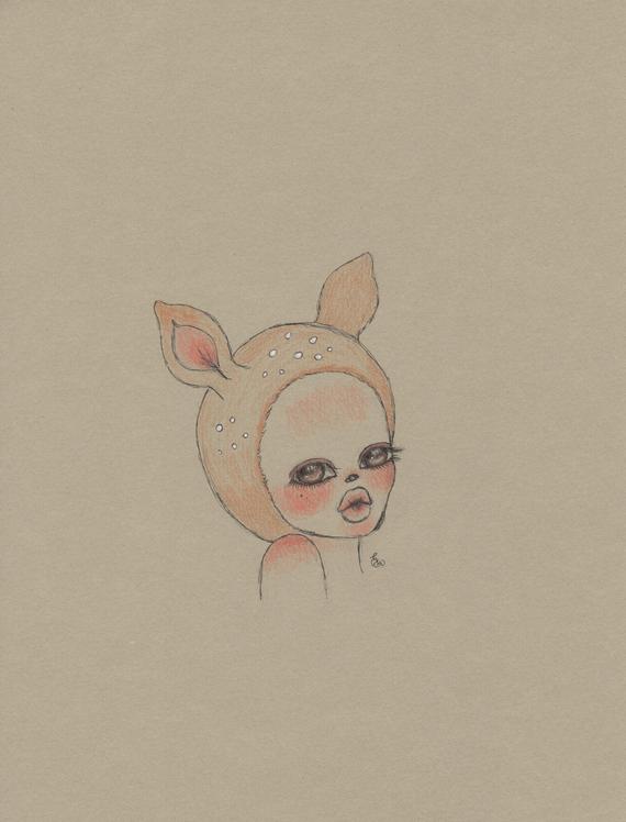 570x748 fawn girl art print deer girl pencil drawing etsy - Deer Girl Drawing