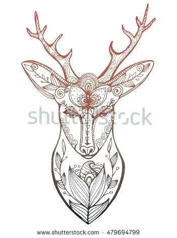 351x470 Stylized Portrait Of A Deer Head Forest Animals Line Art - Deer Head Line Drawing