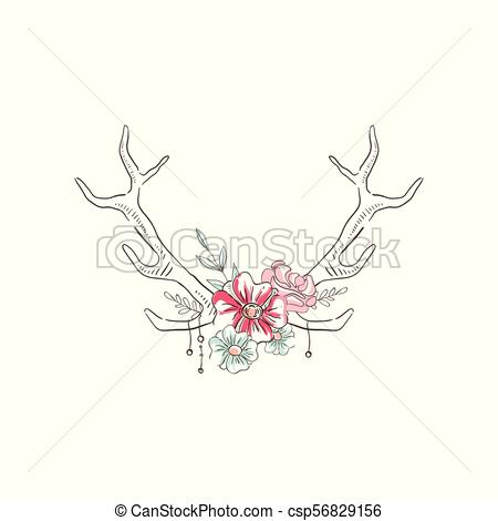 450x470 Antlers With Flowers, Hand Drawn Floral Composition With Deer - Deer Horns Drawing