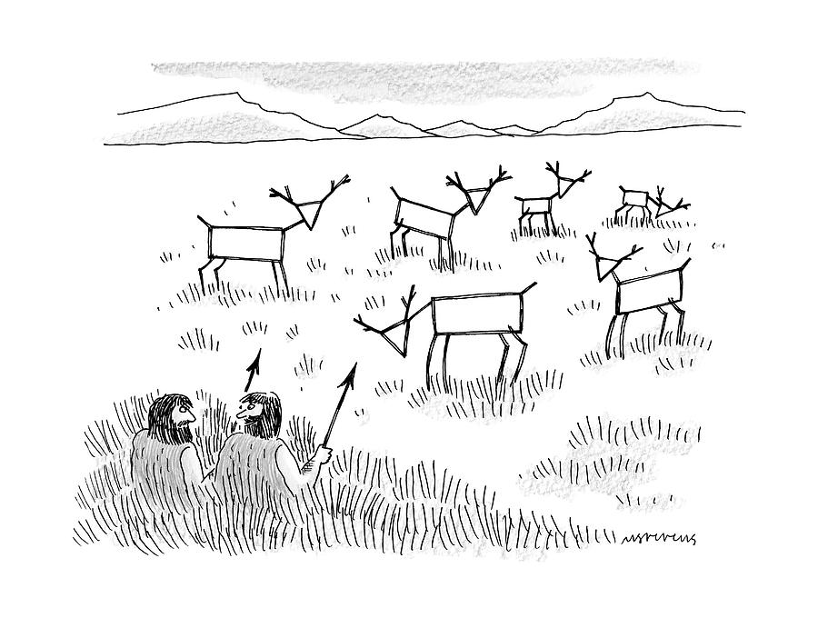 900x680 two cavemen are hunting geometrically shaped deer drawing - Deer Hunting Drawings