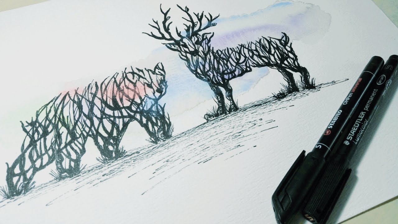 1280x720 Drawing Bear And Deer Forest - Deer In Forest Drawing