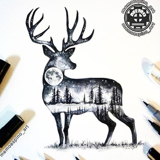 564x564 Deer, Moon, Forest, Lake, Drawing, Art, Black, White - Deer In Forest Drawing