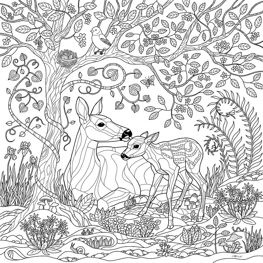 900x900 Deer Fantasy Forest Coloring - Deer In Forest Drawing