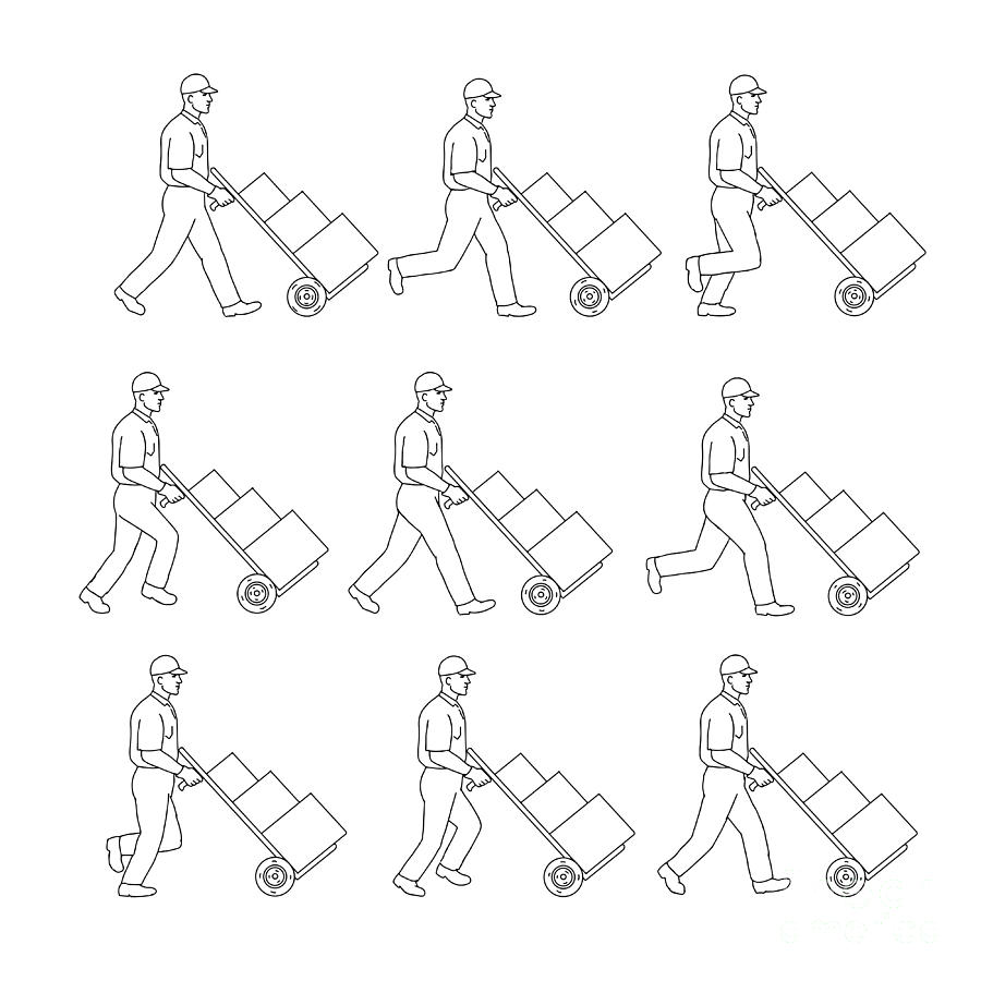 900x900 delivery worker pushing hand cart walk sequence drawing digital - Delivery Drawing