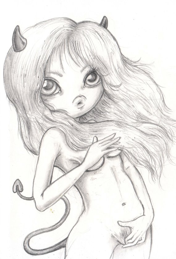 570x837 Touched Big Eye Demon Girl X Etsy - Demon Girl Drawing