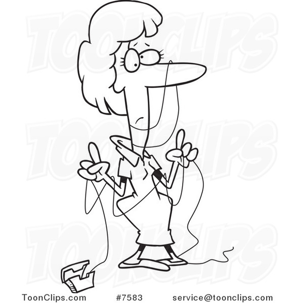 581x600 cartoon black and white line drawing of a lady tangled in dental - Dental Floss Drawing