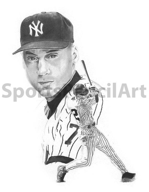 570x738 Derek Jeter Pencil Art Print With Mat Frame Etsy - Derek Jeter Drawing