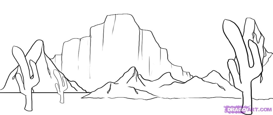 1100x466 Draw A Desert Scene, Step - Desert Drawing For Kids